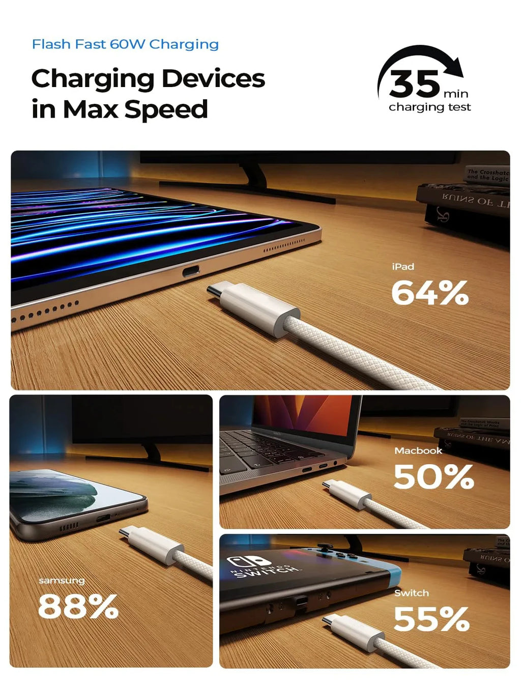 כבל טעינה USB‑C ל־USB‑C במבחר צבעים ואורכים