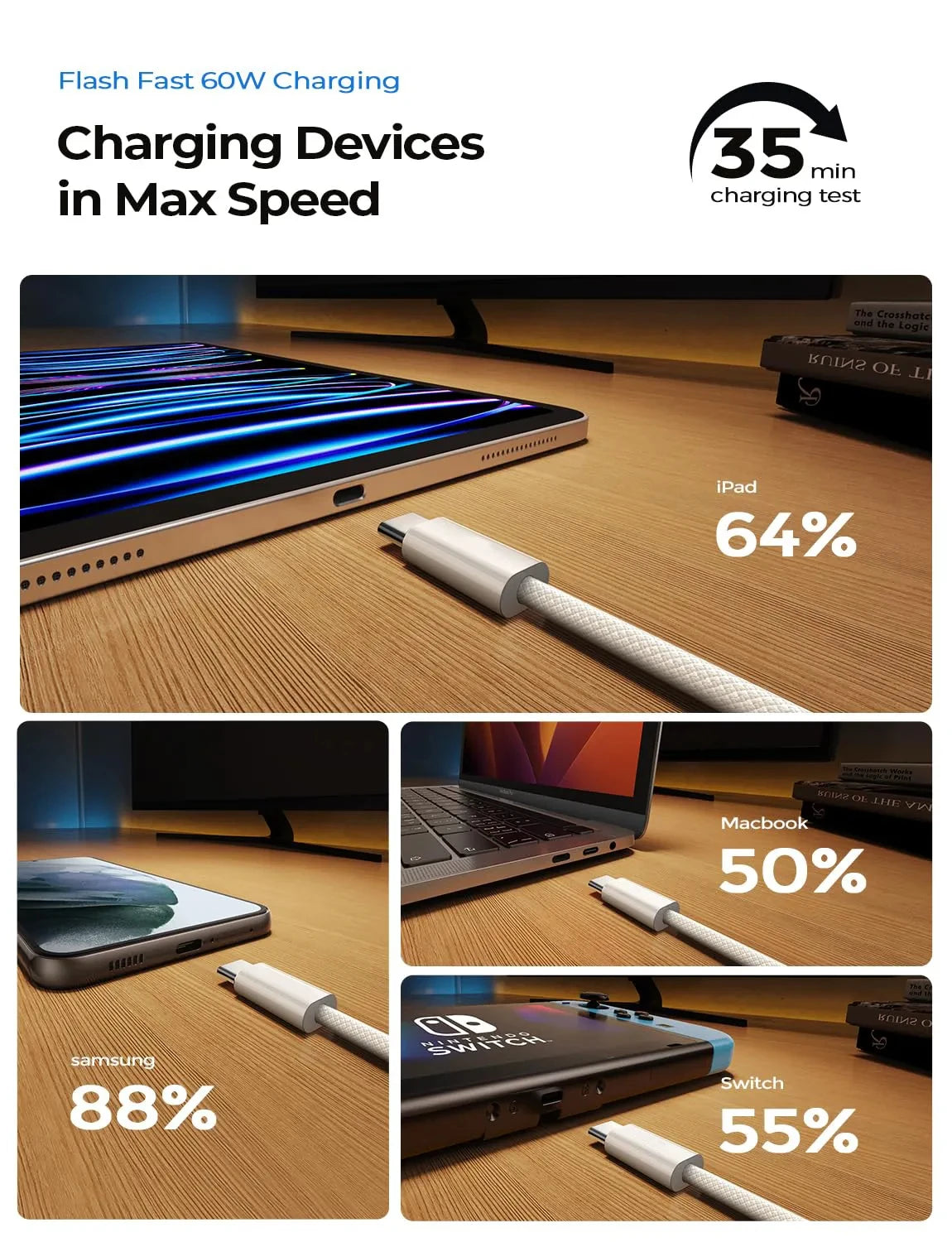 כבל טעינה USB‑C ל־USB‑C במבחר צבעים ואורכים
